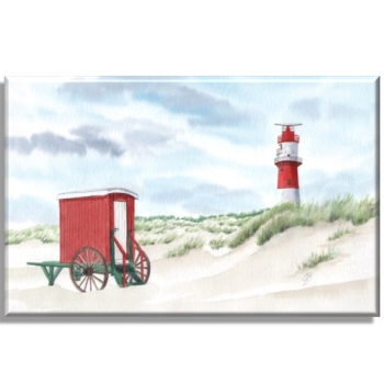 Leinwand 40 x 30 cm Keilrahmen Canvas-Leinen Aquarell Maritim Kunst Druck Kunstdruck Nordsee Insel Borkum elektrischer Leuchtturm und rote Badekarre am Strand - BO20